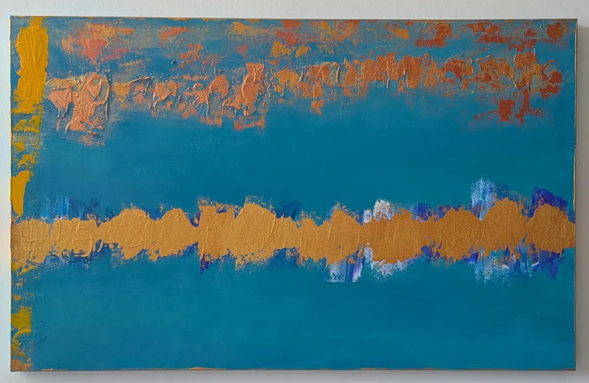 Wide blue abstract painting crossed by textured copper and gold horizontal bands.