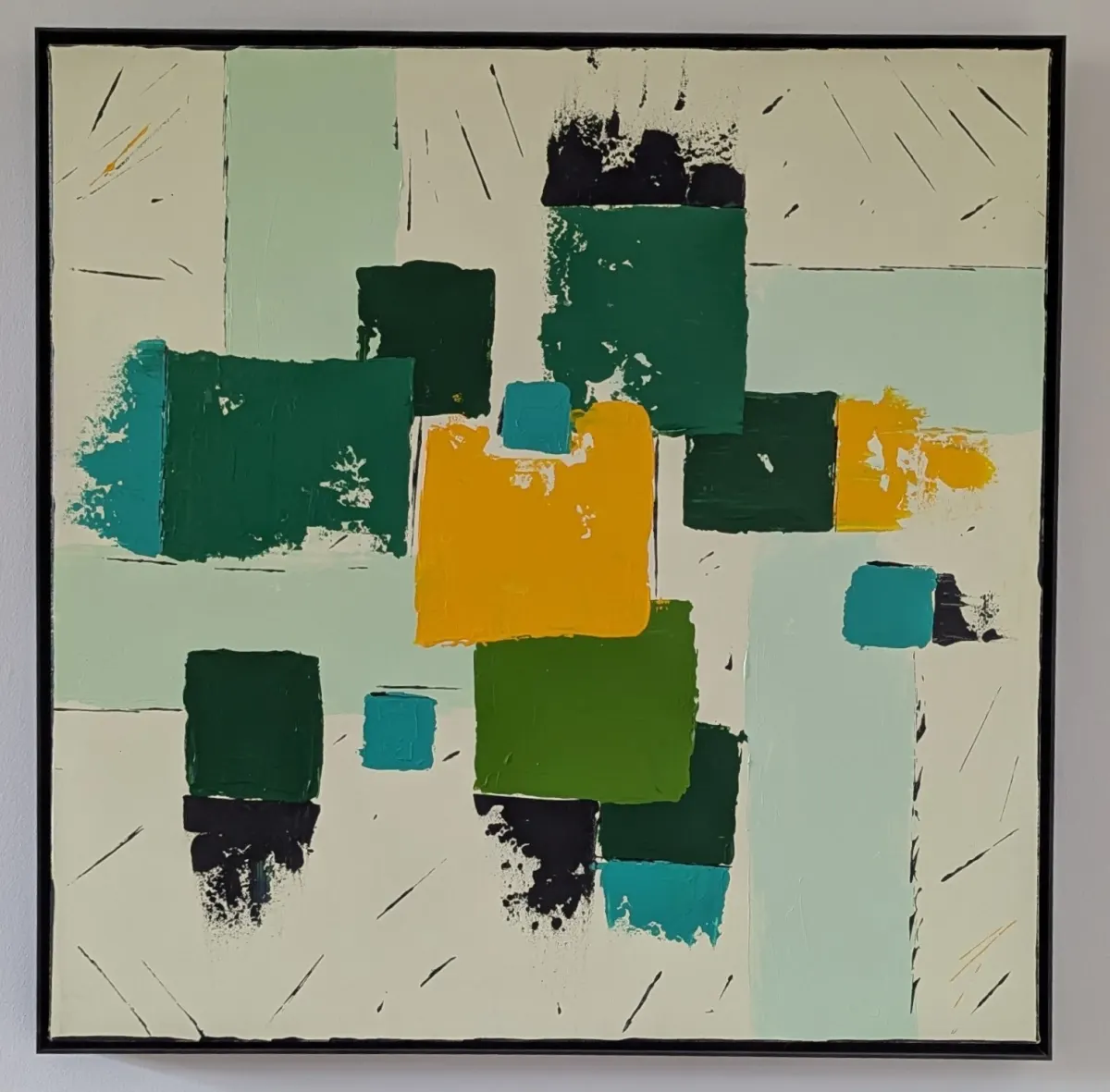 Abstract painting of green, turquoise, yellow, and black blocks on a pale ground.