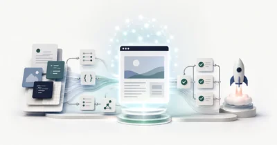 Files, metadata, code, validation checks, and deployment flowing into a published website through an AI-managed workflow.