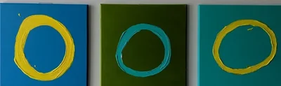 Three blue, green, and turquoise abstract paintings marked with thick circular gestures.