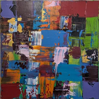 Dense abstract painting assembled from blue, green, burgundy, orange, pink, and purple blocks.