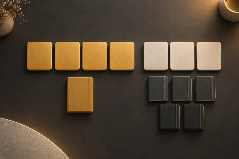 Seven tactile planning tiles: four gold tiles grouped together and three ivory tiles beside five small charcoal notebooks, illustrating focused sprint days followed by shared priority days.