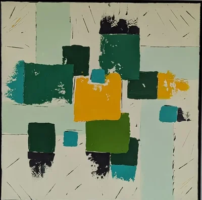 Abstract painting of green, turquoise, yellow, and black blocks on a pale ground.